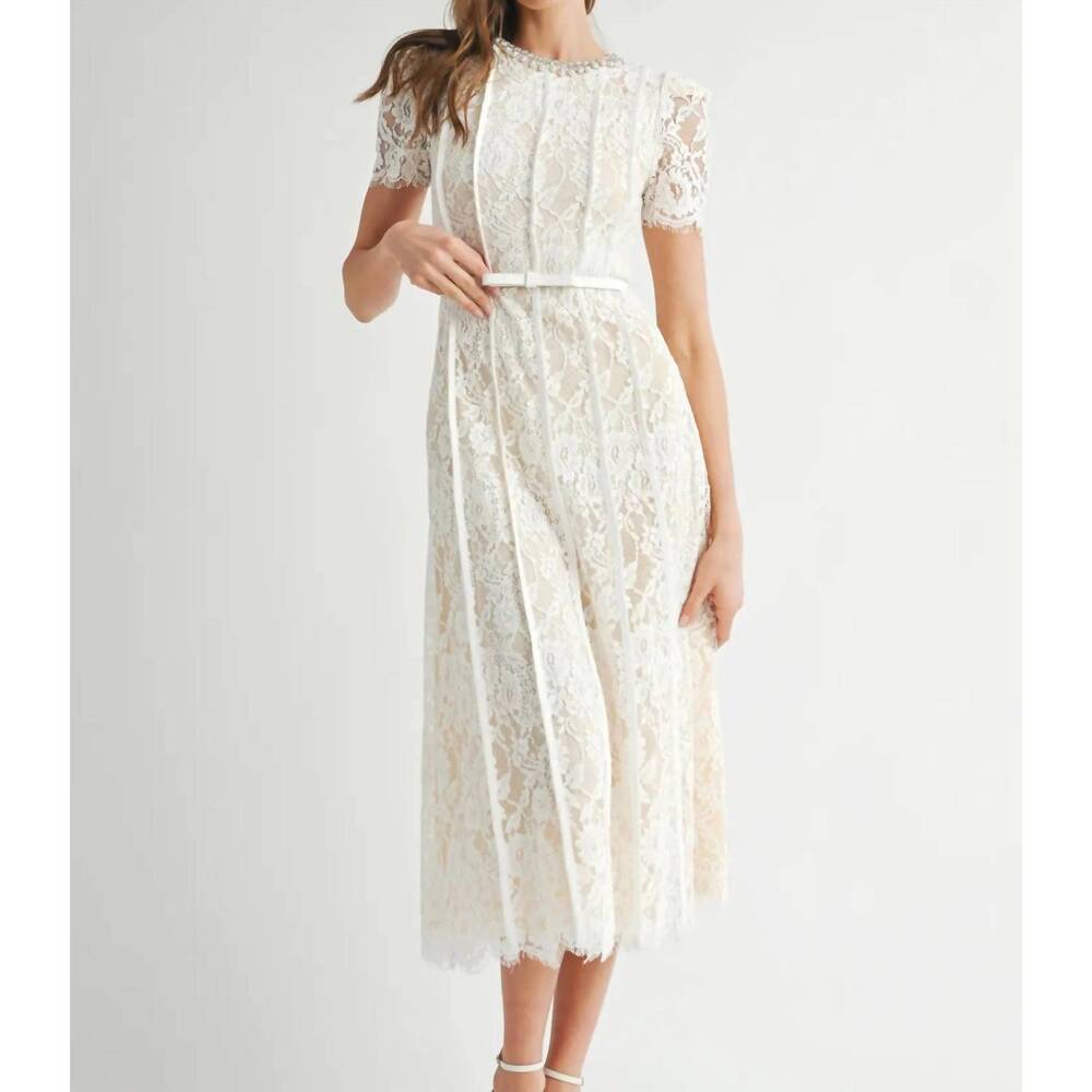 NEW ENDLESS BLU. elegant lace midi dress with embellished collar in off white
